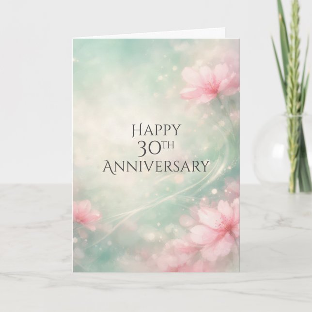 30th Anniversary Dreamy Flowers On Mint Green  Card (Front)