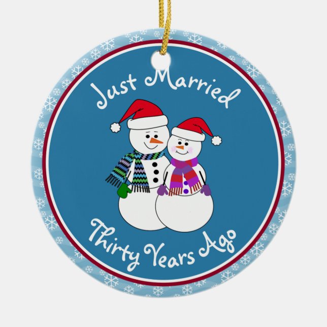 30th Anniversary Gift Fun Snow Couple Ceramic Ornament (Front)