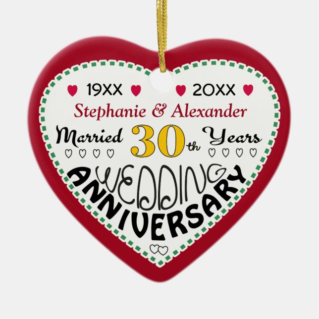 30th Anniversary gift heart shaped Christmas Ceramic Ornament (Front)