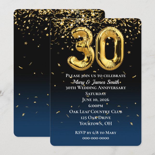 30th Anniversary Gold Balloons Confetti Invitation (Front/Back)