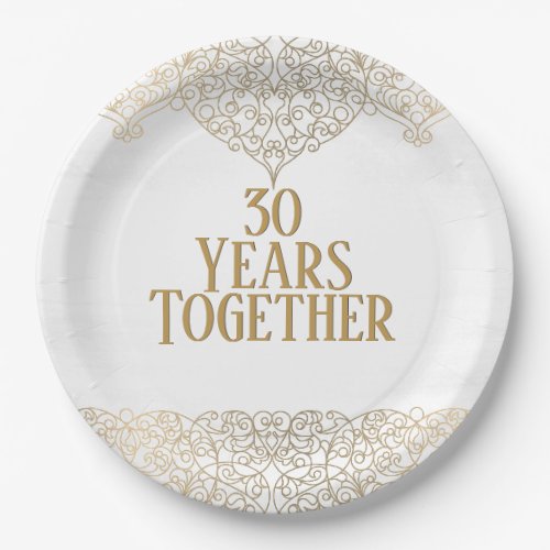30th Anniversary Gold Lace On White Paper Plate