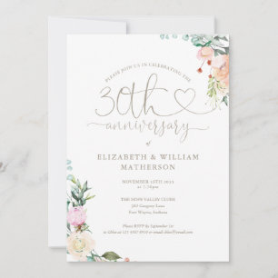 30th Anniversary Heart Script Floral Monogram Invitation