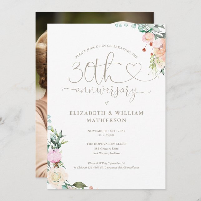 30th Anniversary Heart Script Floral Photo Invitation (Front/Back)