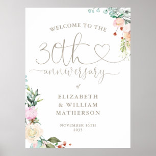 30th Anniversary Heart Script Floral Welcome Sign