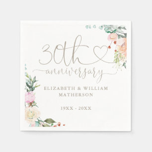 30th Anniversary Heart Script Roses Floral Napkins