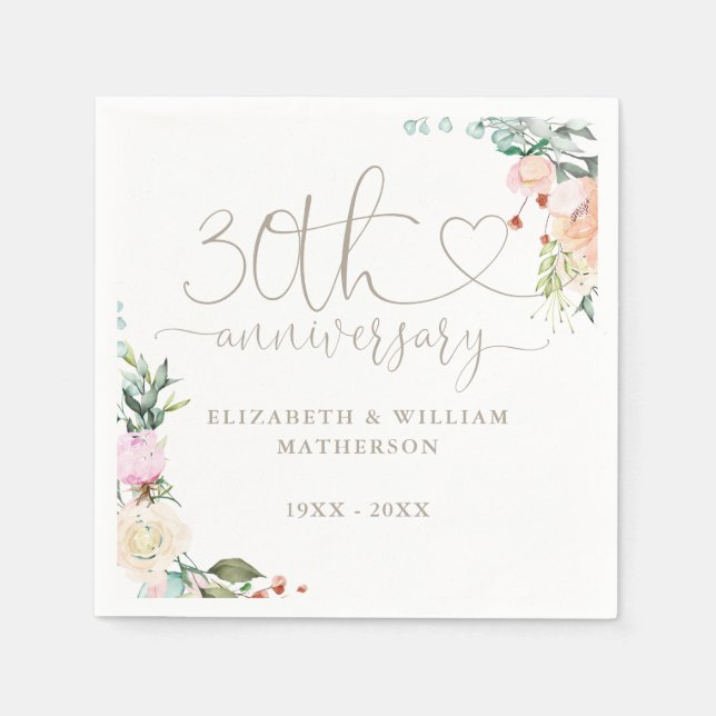 30th Anniversary Heart Script Roses Floral Napkins (Front)