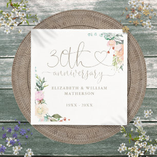 30th Anniversary Heart Script Roses Floral Napkins