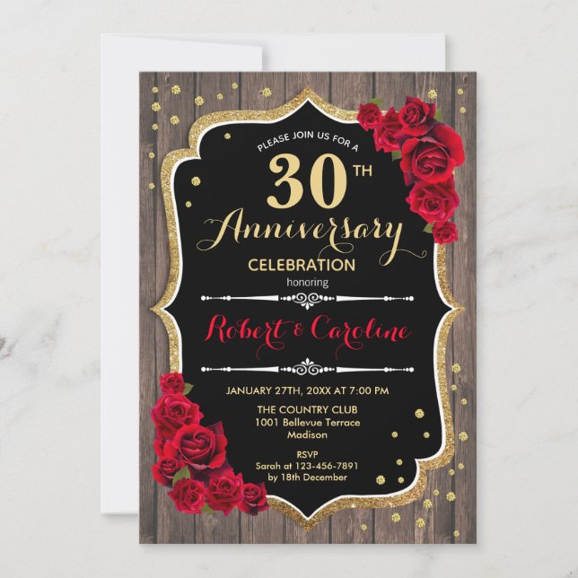 30th Anniversary Invitation - Rustic Wood Red Gold (Front)