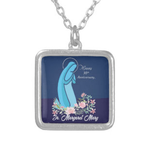 30th Anniversary of Religious Life Nun Pink Flower Silver Plated Necklace