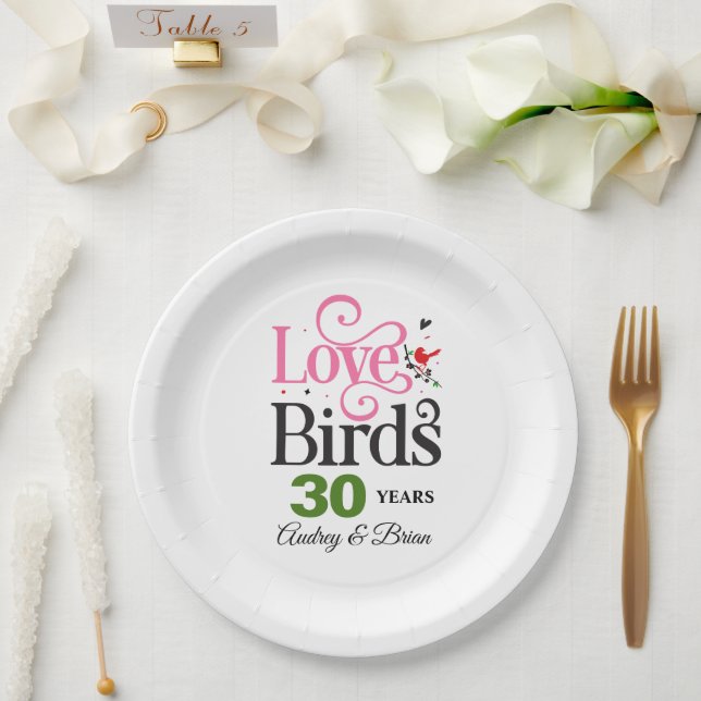 30th Anniversary (or any year) Love Birds Paper Plates (Wedding)