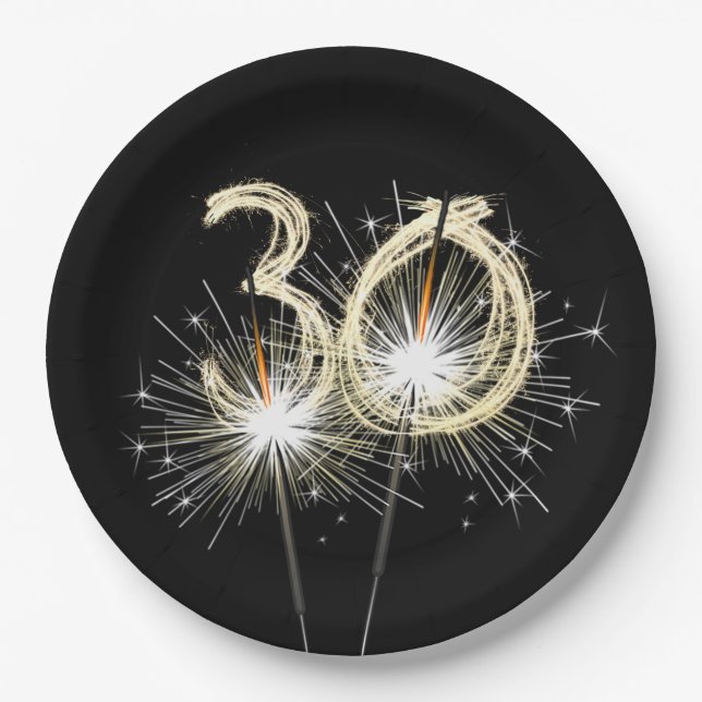 30th Anniversary Party Sparklers on Black  Paper Plates (Front)