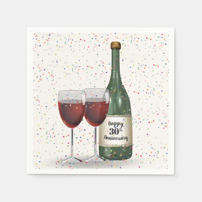 30th Anniversary Party Wine Bottle and Two Glasses Napkins (Front)