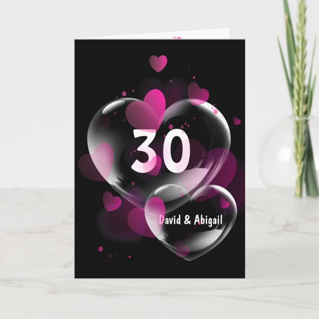 30th Anniversary Pink Heart Bubbles on Black Card (Front)
