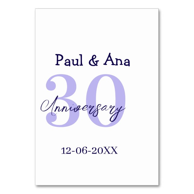 30th anniversary purple bold letter name simple re table number (Front)