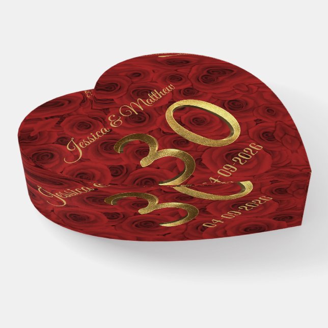 30th Anniversary Red Roses Floral Faux Gold Number Paperweight (Angled)