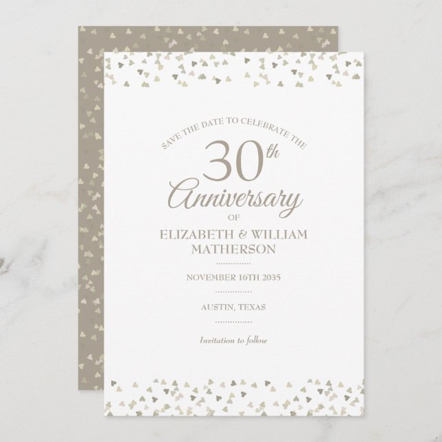 30th Anniversary Save the Date Hearts Confetti  Invitation (Front/Back)