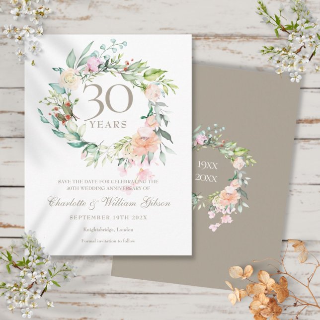 30th Anniversary Save the Date Roses Garland  Postcard