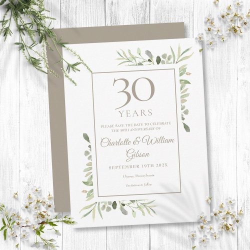 30th Anniversary Save the Date Watercolor Greenery Announcement Postcard