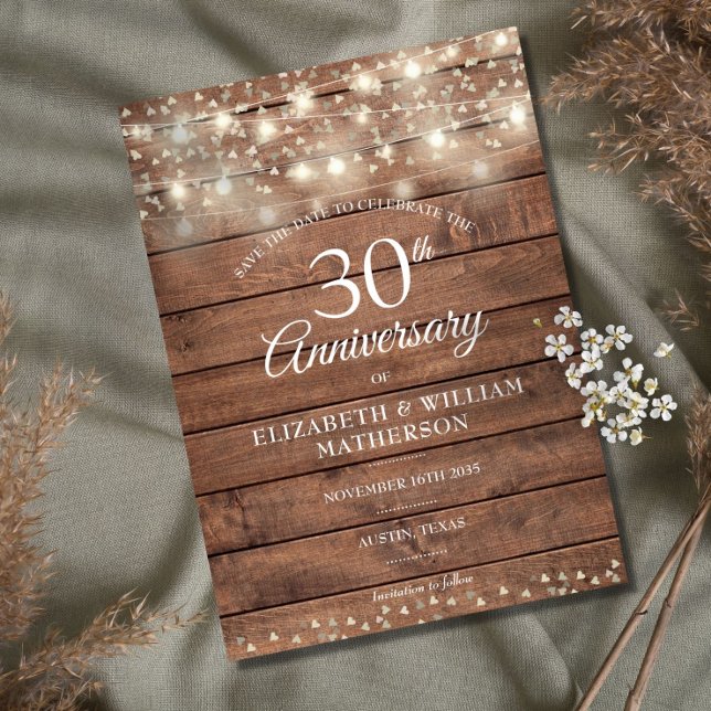 30th Anniversary String Lights Wood Save the Date Announcement Postcard