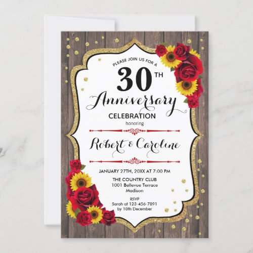30th Anniversary _ Sunflowers Rustic Wood Gold Red Invitation