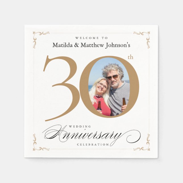 30th Anniversary White Gold Calligraphy Classy Napkins (Front)