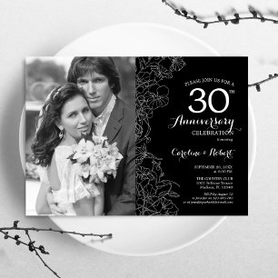 30th Anniversary With Photo - Black White Floral Invitation