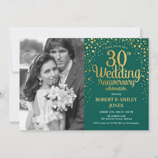 30th Anniversary with Photo - Emerald Green Gold Invitation (Front)