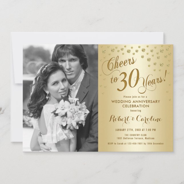 30th Anniversary with Photo - Gold Invitation (Front)