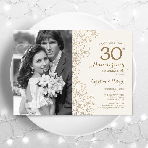 30th Anniversary With Photo _ Ivory Gold Floral Invitation