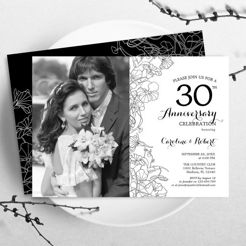 30th Anniversary With Photo _ White Black Floral Invitation