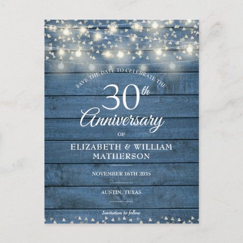 30th Anniversary Wood String Lights Save the Date Announcement Postcard