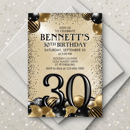 30th Balloons Black Gold Birthday Invitation
