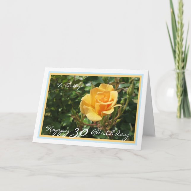 30th Bday Emily Yellow Rose Elegant Golden Frame Card (Front)