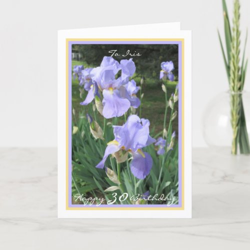 30th Bday Irises Elegant Gold Frame Personalized Card