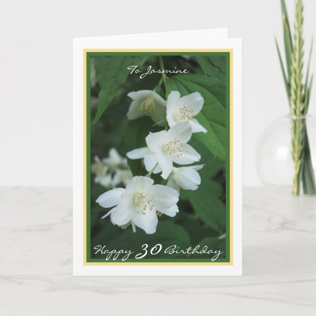 30th Bday Jasmine Flowers Name Modern Golden Frame Card (Front)