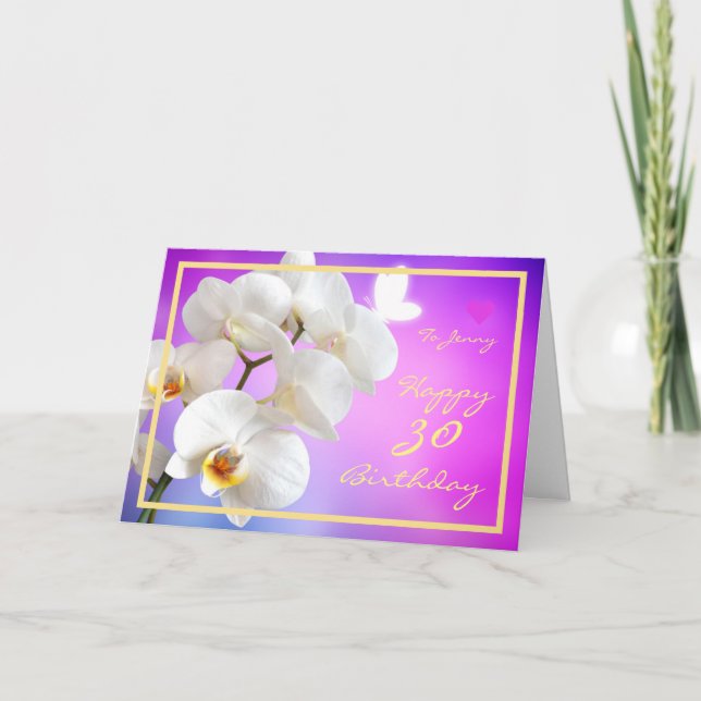 30th Bday Jenny Orchids Heart Modern Golden Frame Card (Front)
