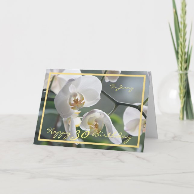 30th Bday Jenny White Orchids Elegant Golden Frame Card (Front)