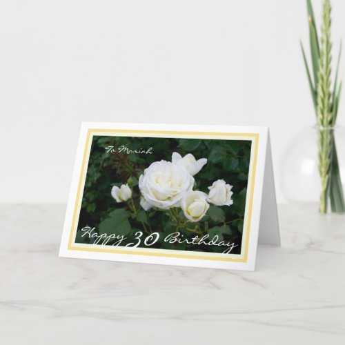 30th Bday Mariah White Roses Modern Golden Frame Card