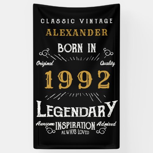 30th Birthday 1992 Add Name Black Gold Legendary Banner