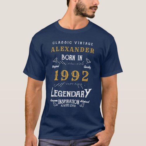 30th Birthday 1992 Add Name Blue Gold Legendary T_Shirt