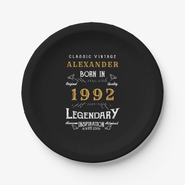 30th Birthday 1992 Add Name Legendary Black Gold Paper Plates (Front)