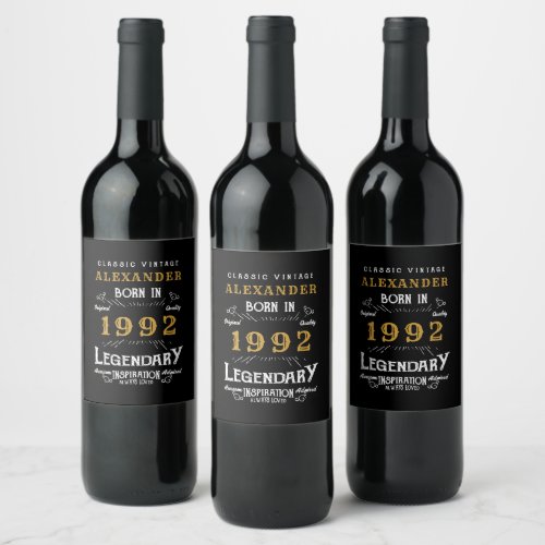 30th Birthday 1992 Add Name Vintage Black Gold Wine Label