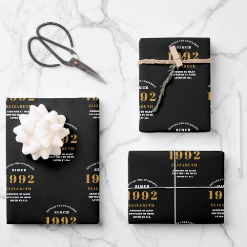 30th Birthday 1992 Black Gold Chic Elegant Wrapping Paper Sheets