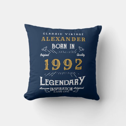 30th Birthday 1992 Blue Gold Add Name Retro Throw Pillow