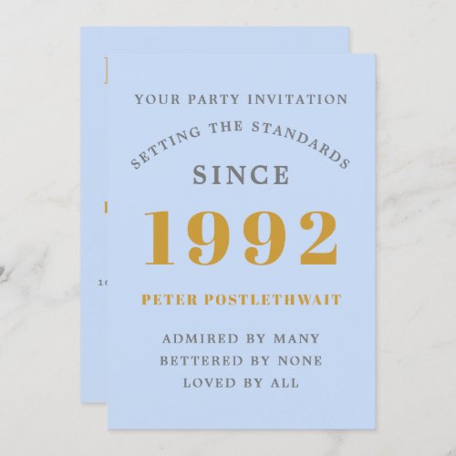30th Birthday 1992 Blue Gold Elegant Chic Invitation