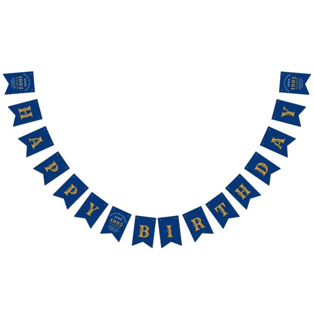 30th Birthday 1992 Blue Gold Name Chic Elegant Bunting Flags (All)