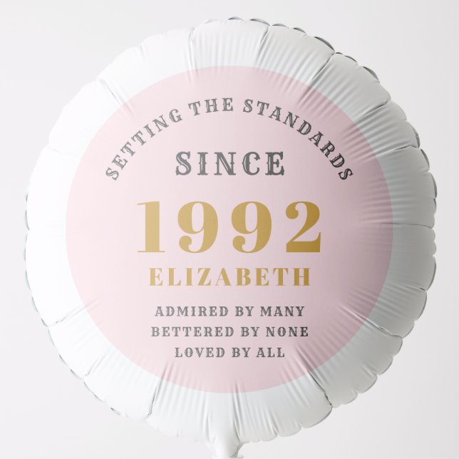 30th Birthday 1992 Elegant Gold Pink Grey Balloon (Front)