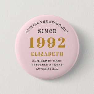 30th Birthday 1992 Elegant Gold Pink Grey Button