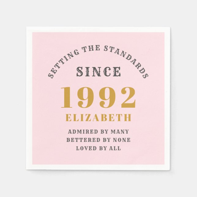 30th Birthday 1992 Elegant Gold Pink Grey Napkins (Front)