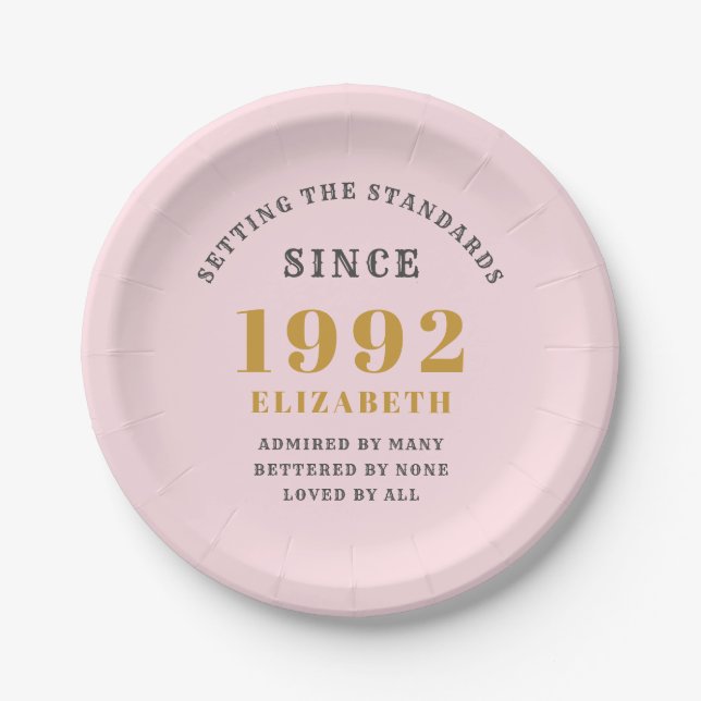 30th Birthday 1992 Elegant Gold Pink Grey Paper Plates (Front)